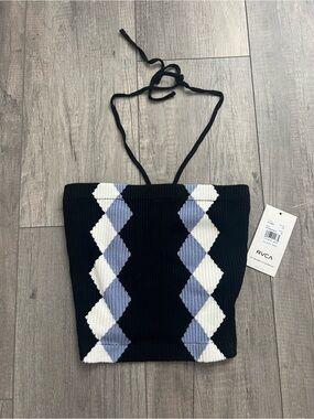 RVCA Black Ribbed Knit Halter Crop Top with Argyle Detail
